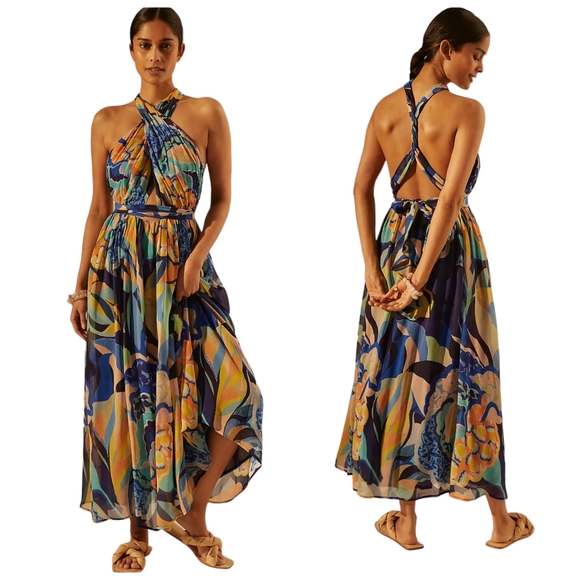 Anthropologie Dresses & Skirts - Anthro NWT Alexandra Farmer Floral Chiffon Open Back Tropical Maxi Dress Medium
